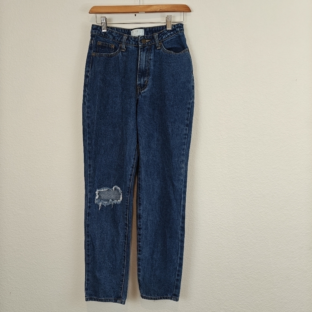 Meshki High Waisted Straight Leg Distressed Jeans In Dark Denim Blue Size 4 US
